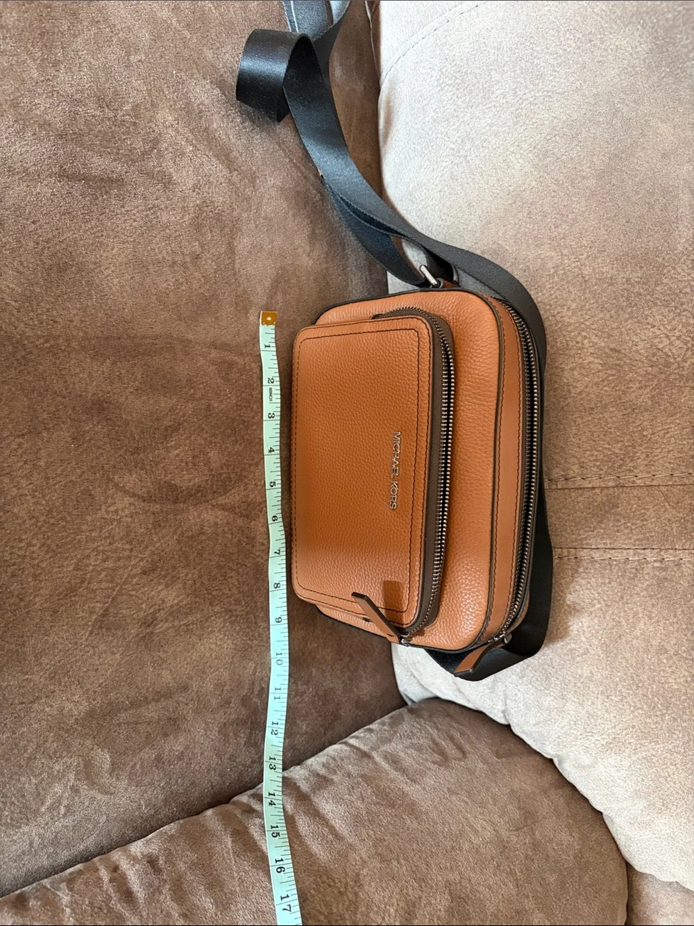 Michael Kors Cognac Pebbled Leather Belt Bag with Black Strap
